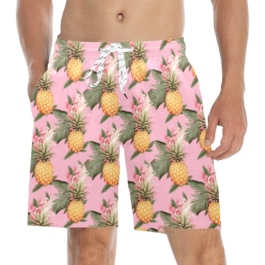 Pink Pineapple Men Swim Trunks, Tropical Mid Length Shorts Beach Surf Swimwear Male Guys Back Pockets Mesh Lining Drawstring Bathing Suit