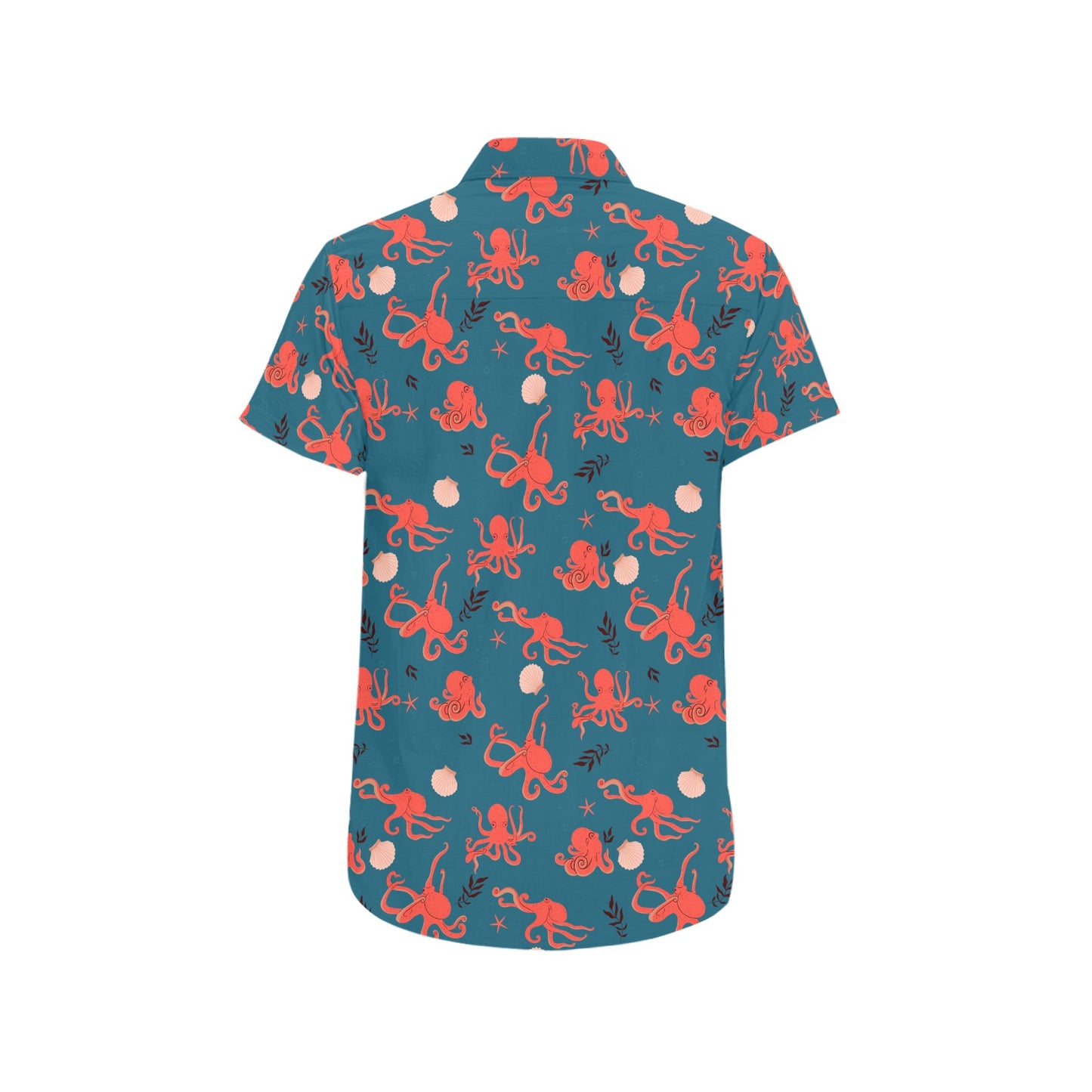 Octopus Ocean Short Sleeve Men Button Up Shirt, Beach Blue Sea Shells Kraken Print Casual Buttoned Down Summer Dress Plus Size Shirt