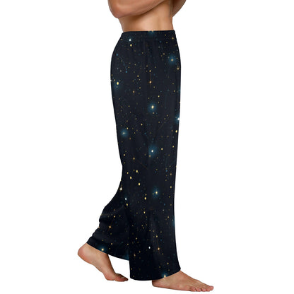 Constellation Men Pajamas Pants, Universe Cosmos Galaxy Space Satin PJ Pockets Sleep Lounge Trousers Couples Matching Trousers Bottoms