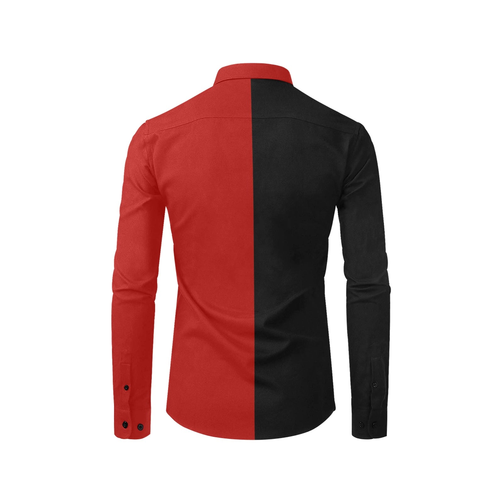 red and black dress shirt Half Black Half Red Men Button Up Shirt, Long Sleeve Color Block Split Two Tone Combo Print Buttoned Collared Dress Shirt Chest Pocket L