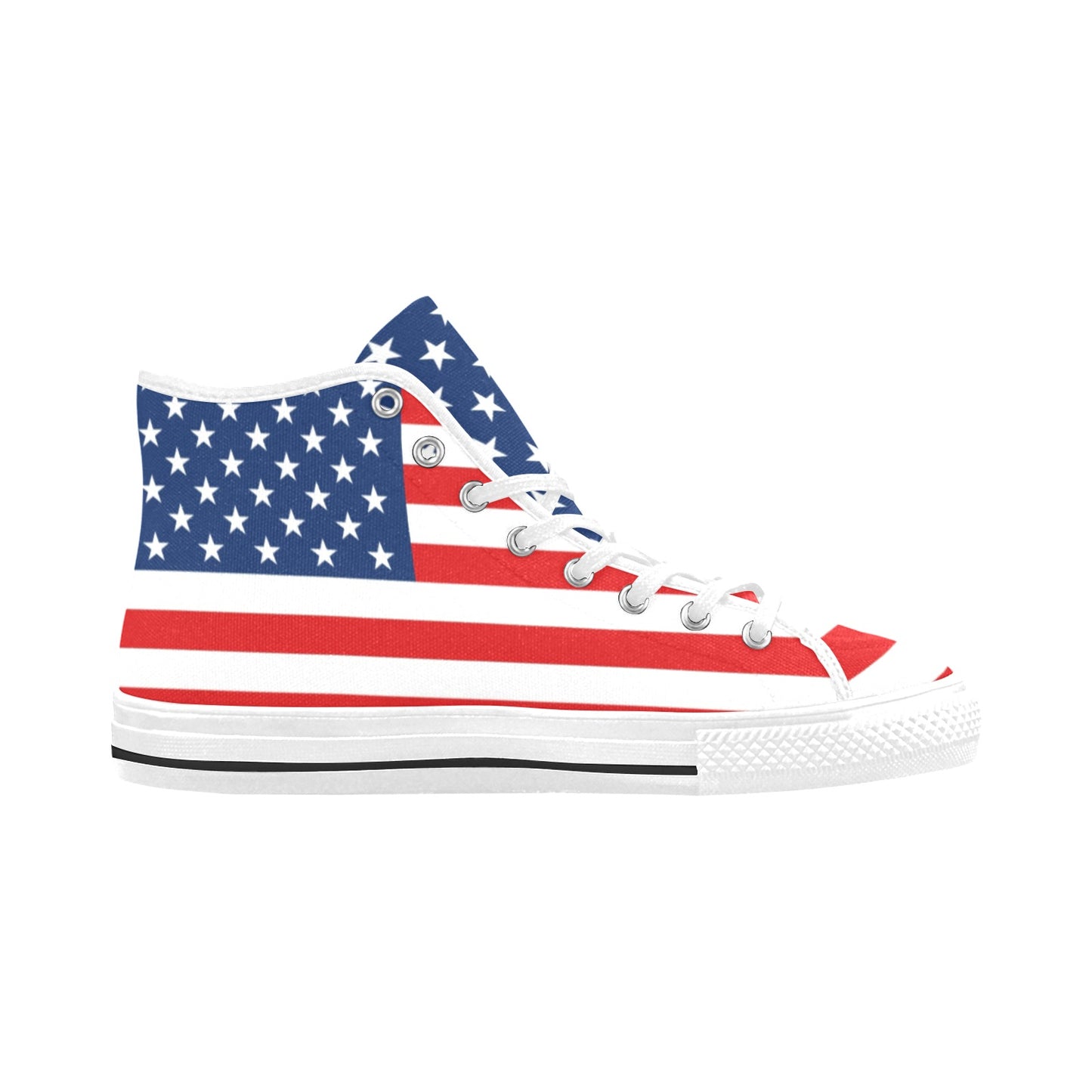 American Flag Women High Top Shoes, USA Red White Blue Stars Stripes 4th July Lace Up Sneakers Footwear Canvas Streetwear Girls Designer Active Starcove Fashion
