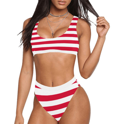 Red and White Striped Bikini Set, Sexy Sport Top High Waisted Bikini Cheeky Bottom Swimsuit Swimwear Bathing Suit Two Piece