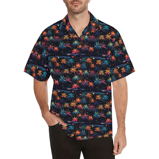 Festive Men Hawaiian shirt, Tropical Palm Trees Christmas Xmas Dad Print Vintage Retro Hawaii Aloha Beach Plus Size Button Up Shirt Vacation