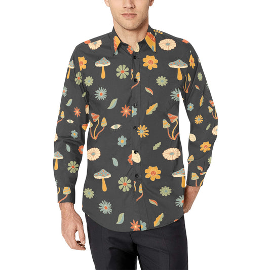 Groovy Mushroom Men Button Up Shirt, Long Sleeve Floral Nature Forest Cottagecore Print Casual Buttoned Collared Dress Shirt Chest Pocket