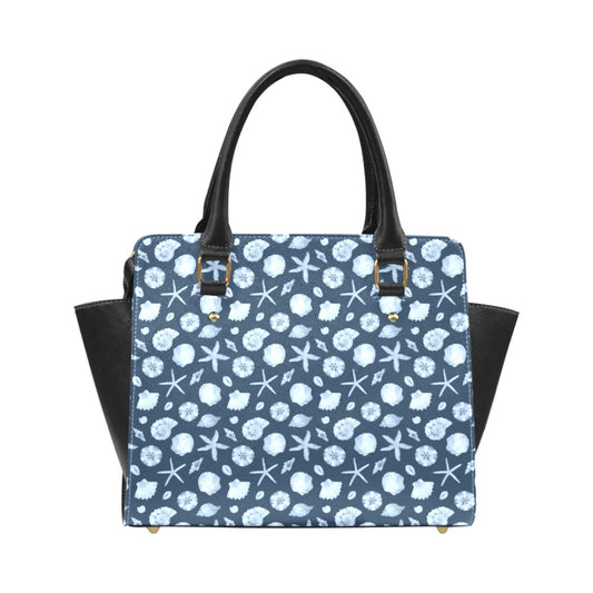 Sea Shells Purse Handbag, Cute Ocean Beach Print Blue Vegan Leather Designer Women Gift Satchel Top Zip Handle Bag Shoulder Strap Starcove Fashion
