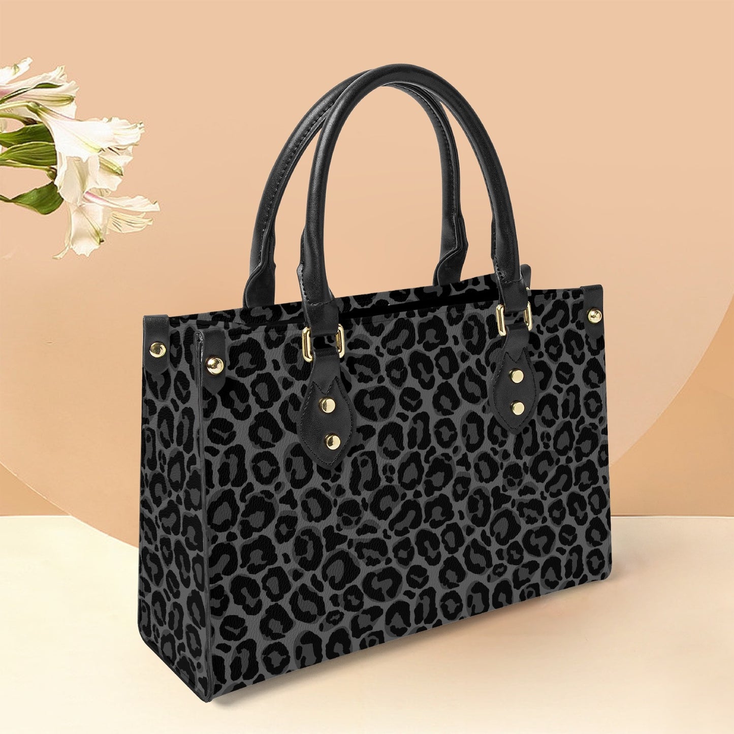 Black Leopard Tote Bag Purse, Cheetah Grey Print Top Handle Handbag Women Vegan Vegan Leather Zip Top Designer Handmade Work Bag