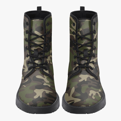 Camouflage Men Vegan Leather Combat Boots, Green Army Camo Lace Up Shoes Hiking Festival Black Ankle Work Winter Casual Custom