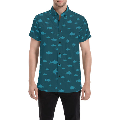 Fish Short Sleeve Men Button Up Shirt, Shark Fishing Ocean Sea Print Casual Buttoned Down Summer Casual Dress Plus Size Collared