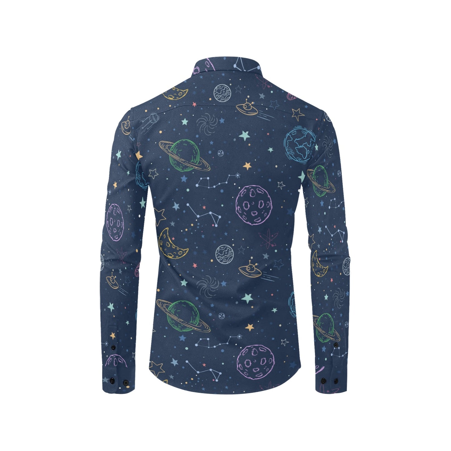 Planets Long Sleeve Men Button Up Shirt, Space Stars Constellations Universe Cosmos Print Buttoned Collar Dress Shirt with Chest Pocket Starcove Fashion