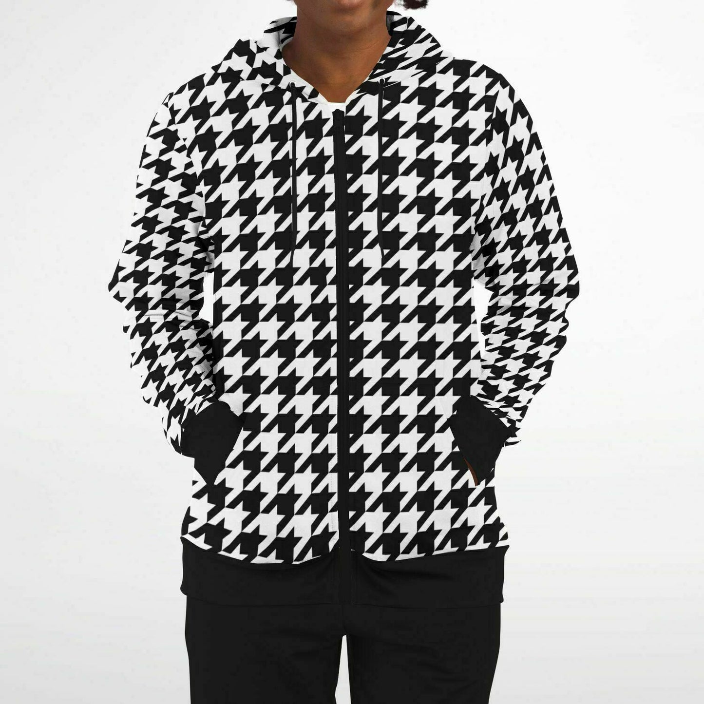 Houndstooth Zip Up Hoodie, Black White Front Zipper Pocket Men Women Unisex Adult Aesthetic Graphic Cotton Fleece Hooded Sweatshirt
