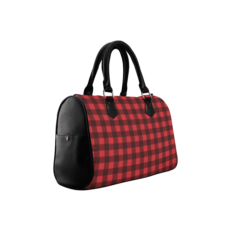Buffalo Plaid Handbag, Black and Red Checkered Check Print, Canvas and Leather Barrel Type Designer Purse Starcove Fashion