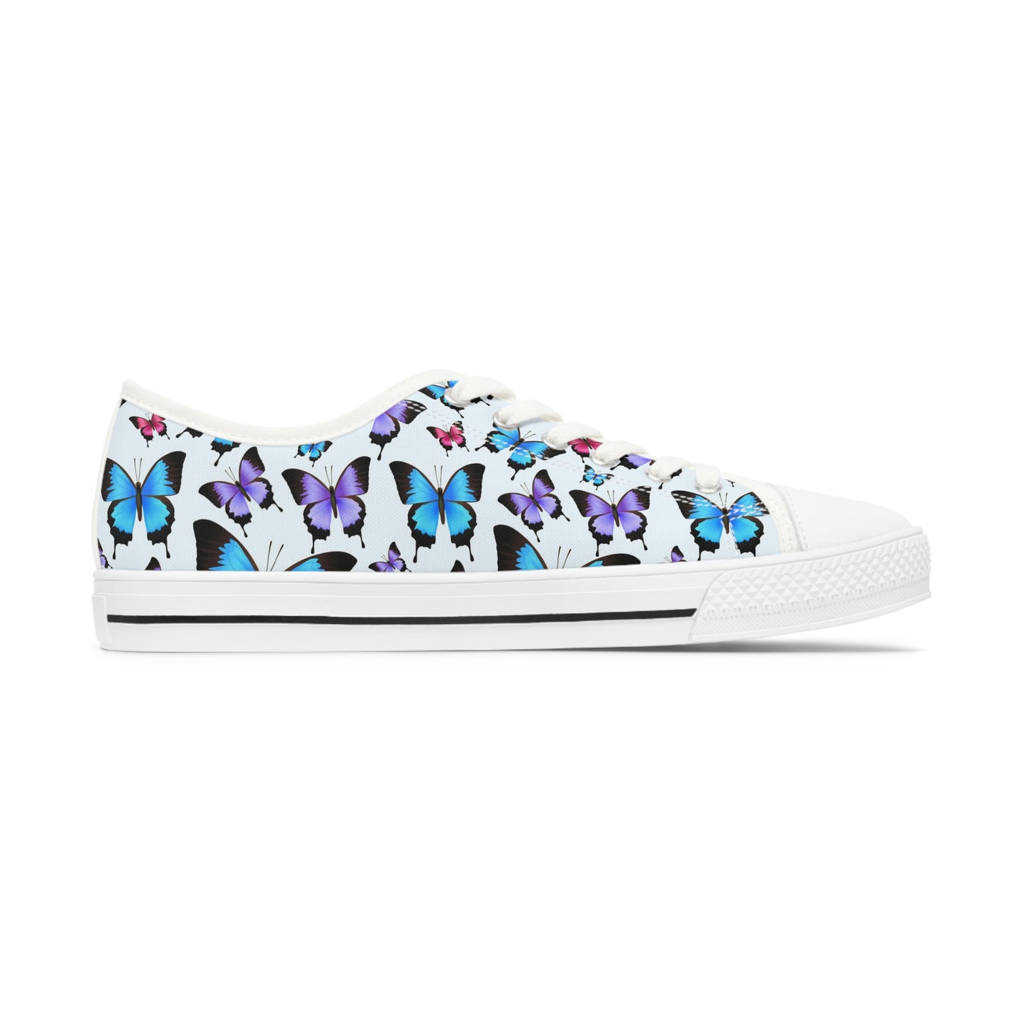 Butterfly Women Shoes, Monarch Blue Sneakers Canvas White Low Top Lace Up Custom Girls Aesthetic Flat Shoes
