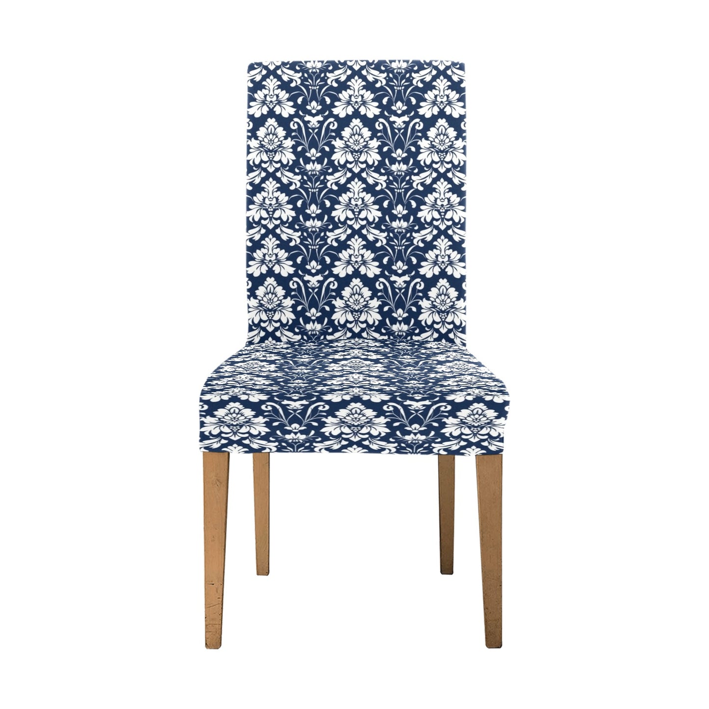 Navy Damask Dining Chair Seat Covers, Blue White Floral Stretch Slipcover Furniture Dining Room Party Banquet Home Decor Spandex