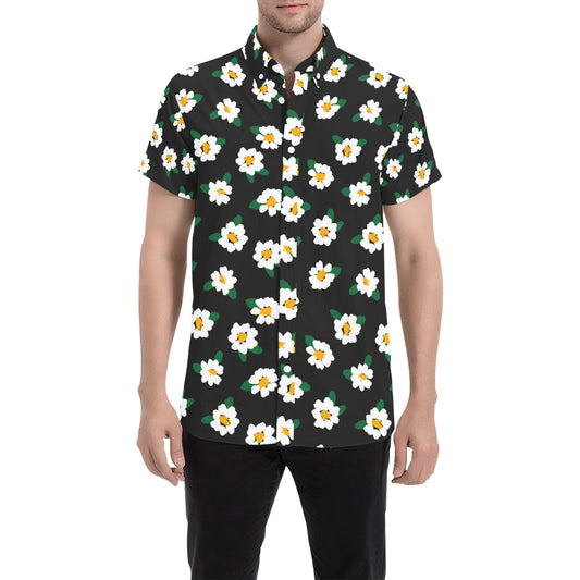 White Flowers Short Sleeve Men Button Up Shirt, Floral Black Print Casual Buttoned Down Summer Dress Guys Male Collared Shirt