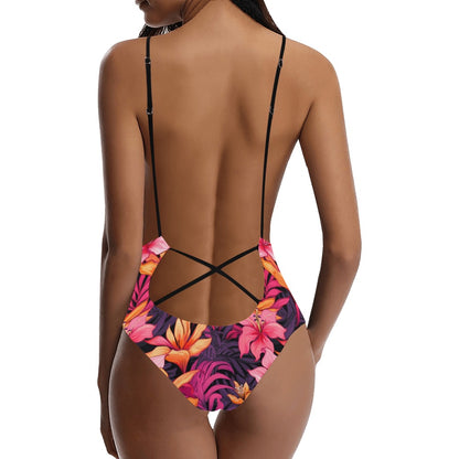 Floral One Piece Swimsuit for Women, Fuchsia Orange Tropical Sexy Cheeky Low Back Backless Plunge Lace Cute Designer Swim Bathing Suit