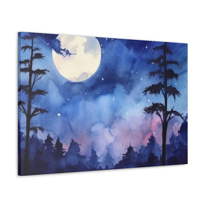 Night Sky Canvas Gallery Wrap, Full Moon Watercolor Wall Art Print Decor Small Large Hanging Modern Landscape Living Room