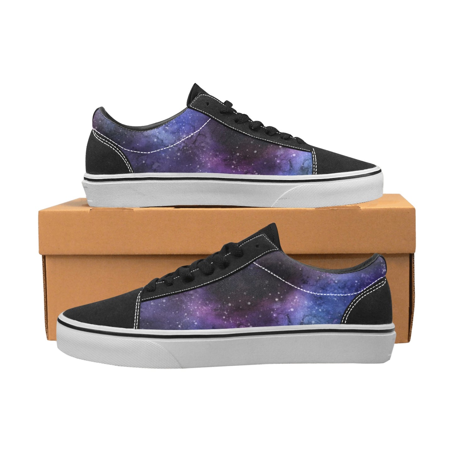 Galaxy Women Shoes, Stars Space Purple Black Vegan Faux Suede Leather Print Lace-Up Canvas Casual Designer Sneakers