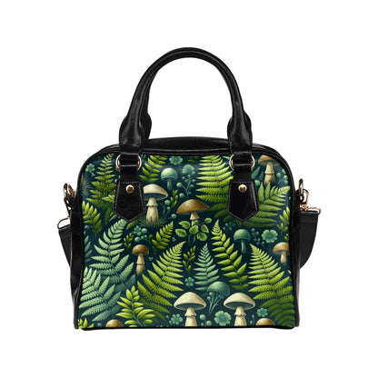 Forest Green Leather Purse, Vintage Leaves Cottagecore Plants Fern Mushroom Print Small Shoulder Women Designer Handbag Ladies Bag Crossbody