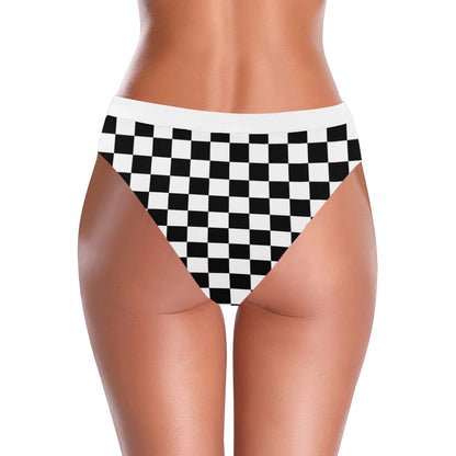 Checkered High Waisted Bikini Bottom, Black White Check Checkerboard Cheeky High Cut Leg Sexy Swim Bathing Suit Swimsuits Women Starcove Fashion