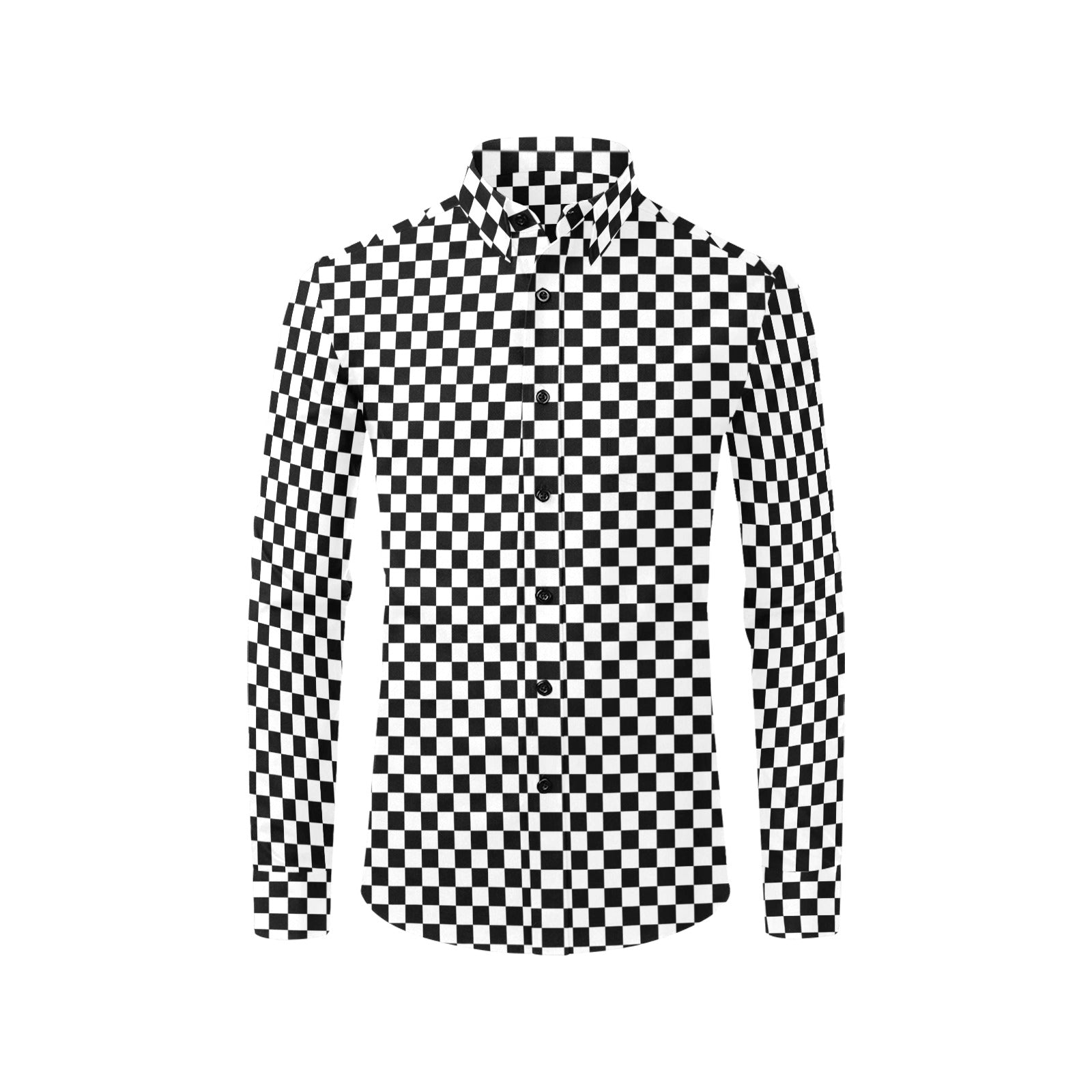 Checkered Long Sleeve Men Button Up Shirt, Check Black White Racing Print Dress Buttoned Collar Dress Shirt with Chest Pocket Starcove Fashion