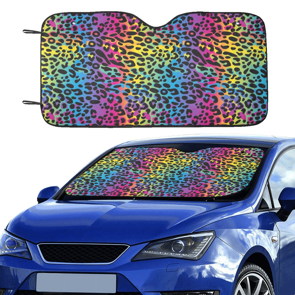 Rainbow Leopard Print Windshield Sun Shade, Animal Cheetah Car Accessories Auto Cover Protector Window Visor Screen Decor 55" x 29.53"