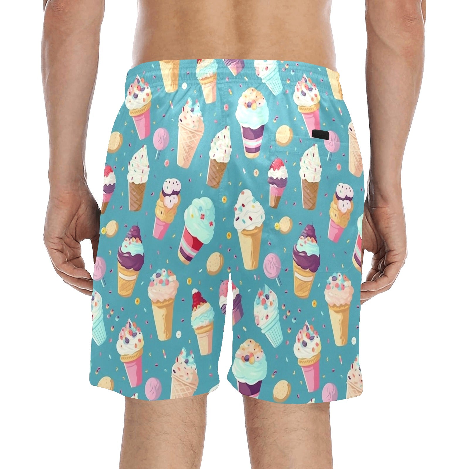 Ice Cream Men Mid Length Shorts, Cones Beach Swim Trunks Front Back Pockets Mesh Drawstring Boys Casual Bathing Suit Summer Starcove Fashion