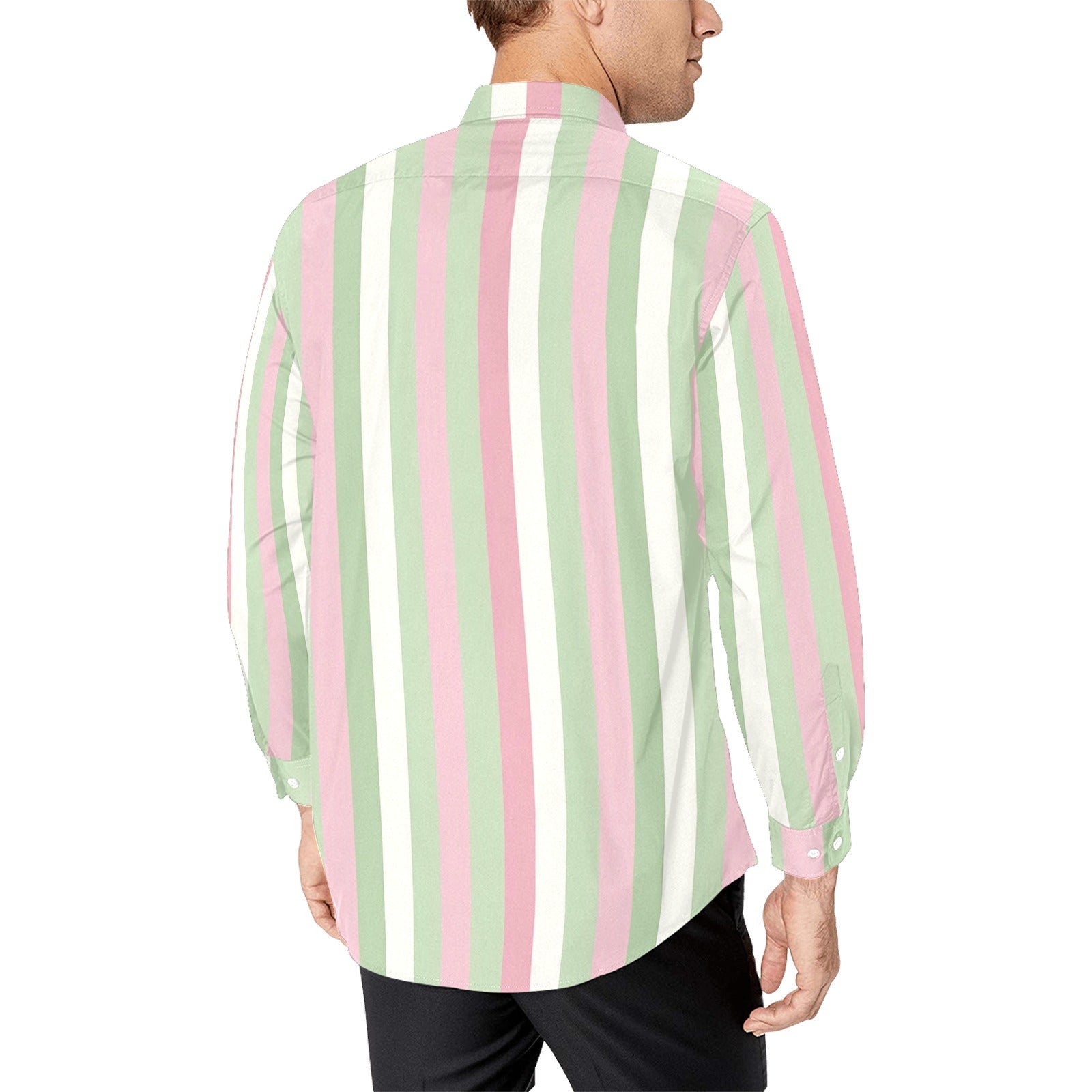 Pink Green Striped Long Sleeve Men Button Up Shirt, Pastel White Print Buttoned Collared Dress Shirt with Chest Pocket 2XL Pink Green Striped Long Sleeve Men Button Up Shirt, Pastel White Print Buttoned Collared Dress Shirt with Chest Pocket 2XL
