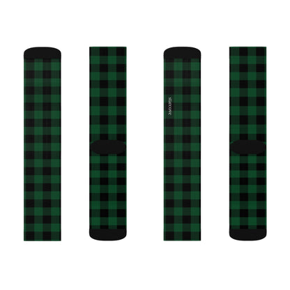 Green Buffalo Plaid Socks, Black Check Checkered Printed Sublimation Lumberjack Women Men Fun Cool Casual Cute Unique Socks