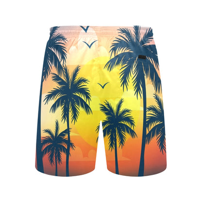 Vintage Palm Tree Men Mid Length Shorts, Tropical Beach Swim Trunks Front Back Pockets Mesh Drawstring Casual Bathing Suit Summer Designer