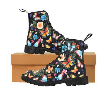 Floral Butterfly Women's Boots, Monarch Flowers Pattern Vegan Canvas Festival Party Lace Up Shoes Fashion Print Ankle Combat Casual Custom