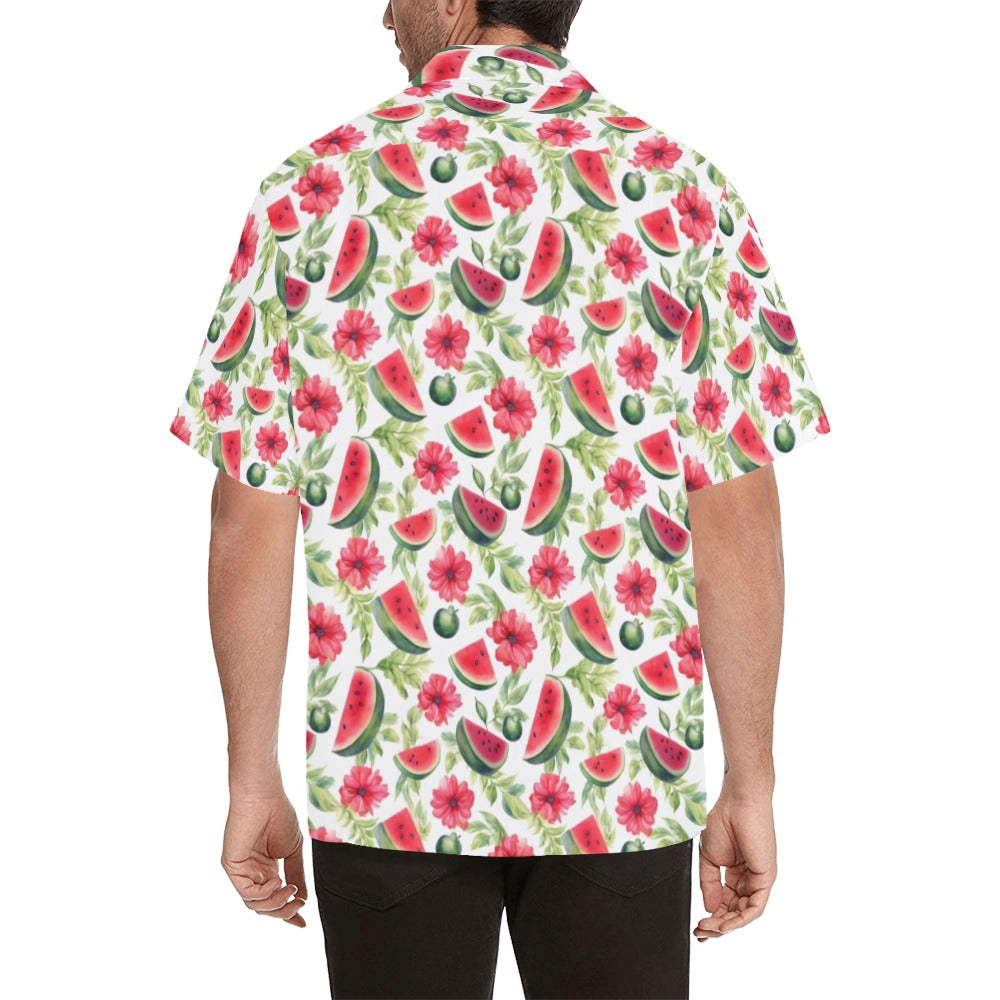 Watermelon Men Hawaiian shirt, Tropical Flowers Red White Vintage Aloha Hawaii Retro Summer Fruit Beach Plus Size Cool Button Down Shirt
