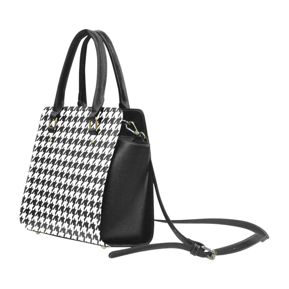 Houndstooth Shoulder Purse Handbag, Black White High Grade Vegan Leather Designer Women Gift Satchel Top Handle Zip Bag Strap Starcove Fashion