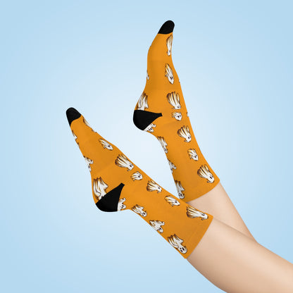 Halloween Socks, Orange Spooky Ghosts Funny Crew 3D Sublimation Women Men Fun Novelty Cool Funky Casual Cute Unique Gift Starcove Fashion
