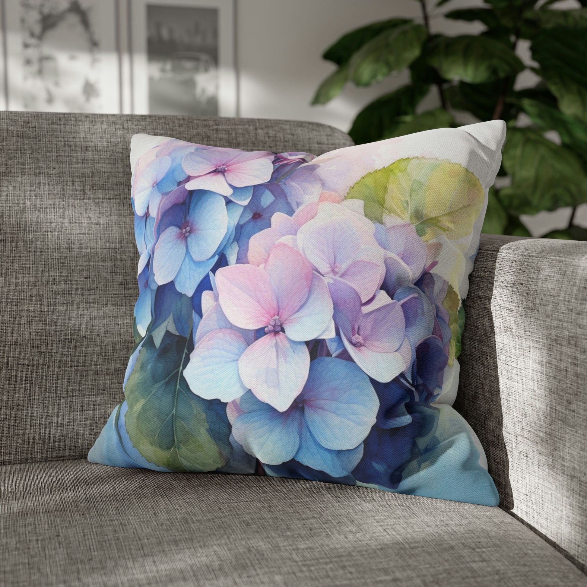 Hydrangea Flowers Pillow Case, Watercolor Floral Art Blue Pink Square Throw Decorative Cover Decor Couch Cushion 20 x 20 Zipper Sofa Starcove Fashion