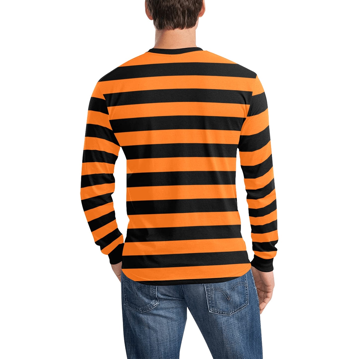 Black and Orange Striped Men Long Sleeve TShirt, Graphic Vintage Retro Stripes Punk Halloween Crewneck Unisex Women Designer Tee Shirt