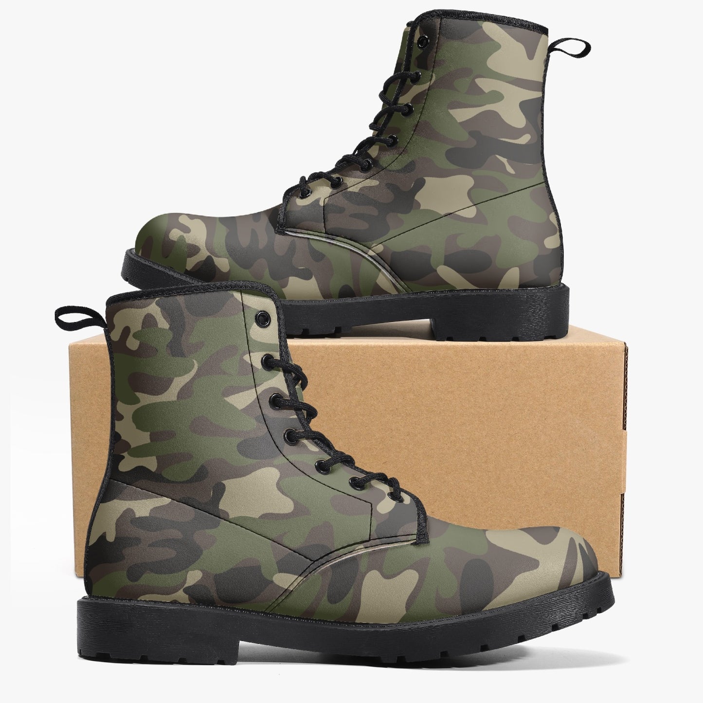 Camouflage Men Vegan Leather Combat Boots, Green Army Camo Lace Up Shoes Hiking Festival Black Ankle Work Winter Casual Custom