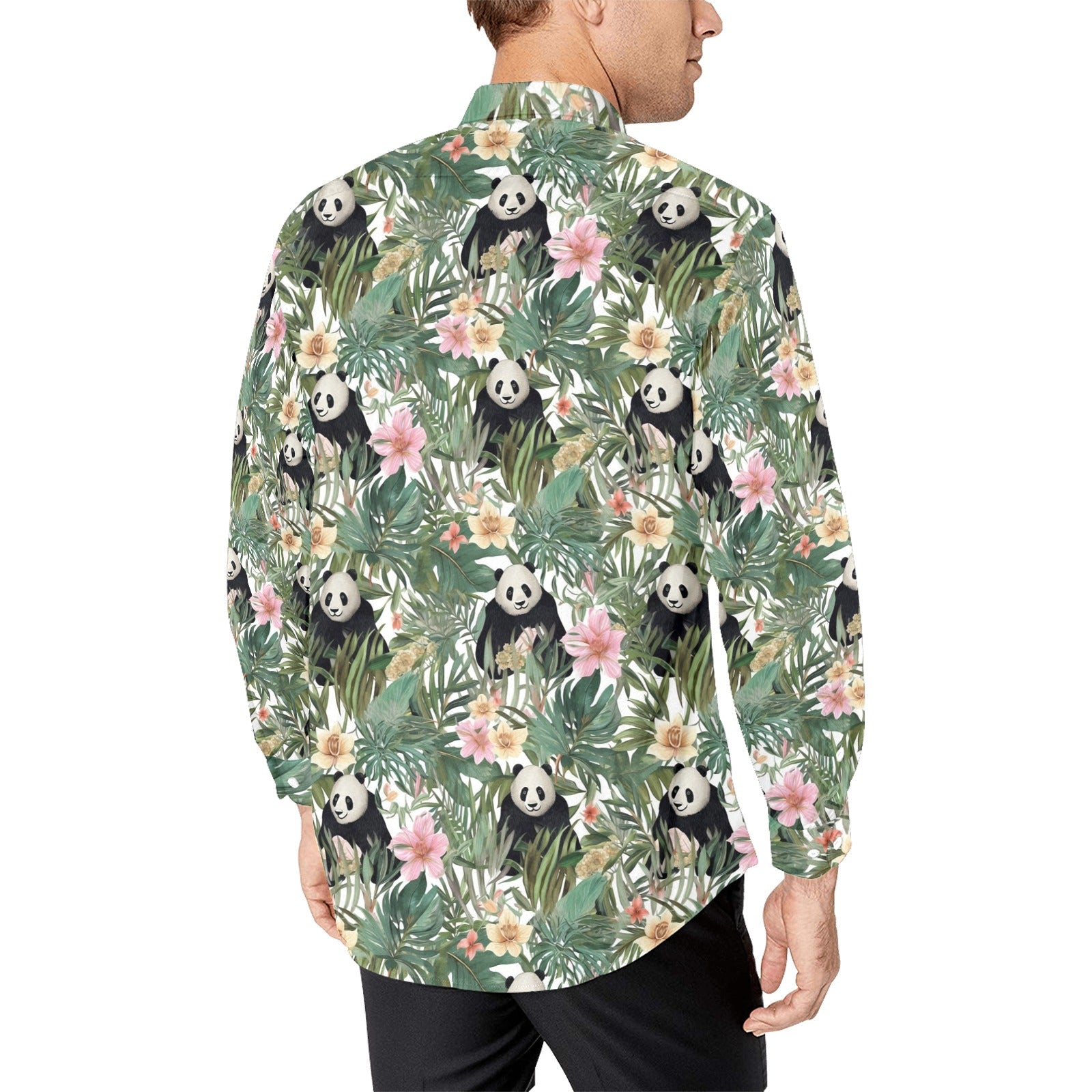 Panda Tropical Leaves Long Sleeve Men Button Up Shirt, Green Floral Summer Print Dress Buttoned Collar Casual Dress Shirt with Chest Pocket S Panda Tropical Leaves Long Sleeve Men Button Up Shirt, Green Floral Summer Print Dress Buttoned Collar Casual Dress Shirt with Chest Pocket S