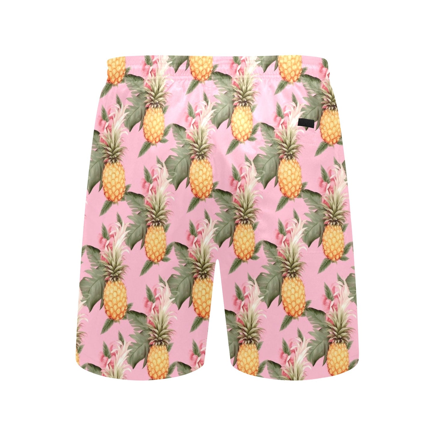 Pink Pineapple Men Swim Trunks, Tropical Mid Length Shorts Beach Surf Swimwear Male Guys Back Pockets Mesh Lining Drawstring Bathing Suit