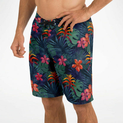 Tropical Men Board Shorts, Jungle Flowers Green Mid Length Blue Beach Surf Swim with Pockets & Mesh Drawstring Casual Bathing Suit