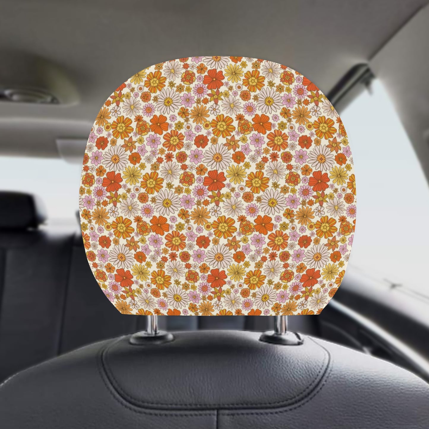 Groovy Flowers Car Seat Headrest Cover (2pcs), Vintage Floral 70s Truck Suv Van Vehicle Auto Decoration Protector New Car Gift Starcove Fashion