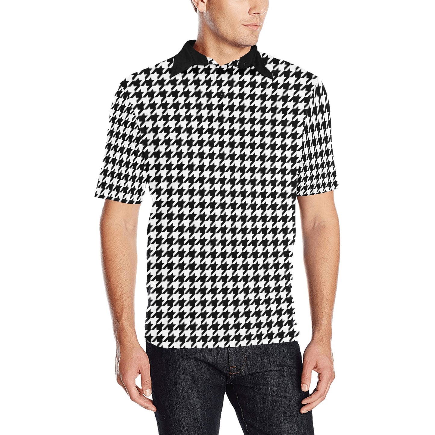Houndstooth Men Polo Collared Shirt, Vintage Black White Pattern Casual Summer Buttoned Down Up Shirt Short Sleeve Sports Golf Tee Starcove Fashion