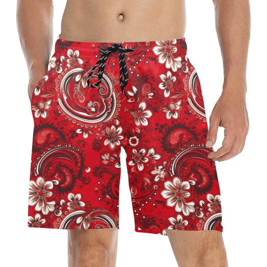 Red Bandana Men Swim Trunks, Paisley Mid Length Shorts Beach Pockets Mesh Lining Drawstring Boys Casual Bathing Suit Plus Size Swimwear