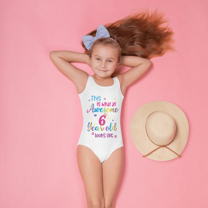 This is What an Awesome 6 Year Old Looks Like Girls Swimsuit, Birthday 6th Sixth Year Fun Rainbow Party Gift Kids One Piece Bathing Suit Swimwear Starcove Fashion