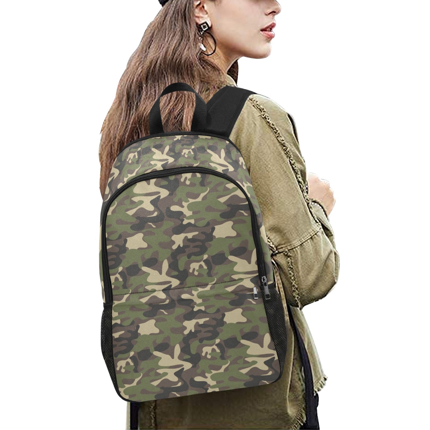 Camo Backpack, Camouflage Green Army Men Women Kids Gift Him Her School College Waterproof Side Mesh Pockets Aesthetic Bag