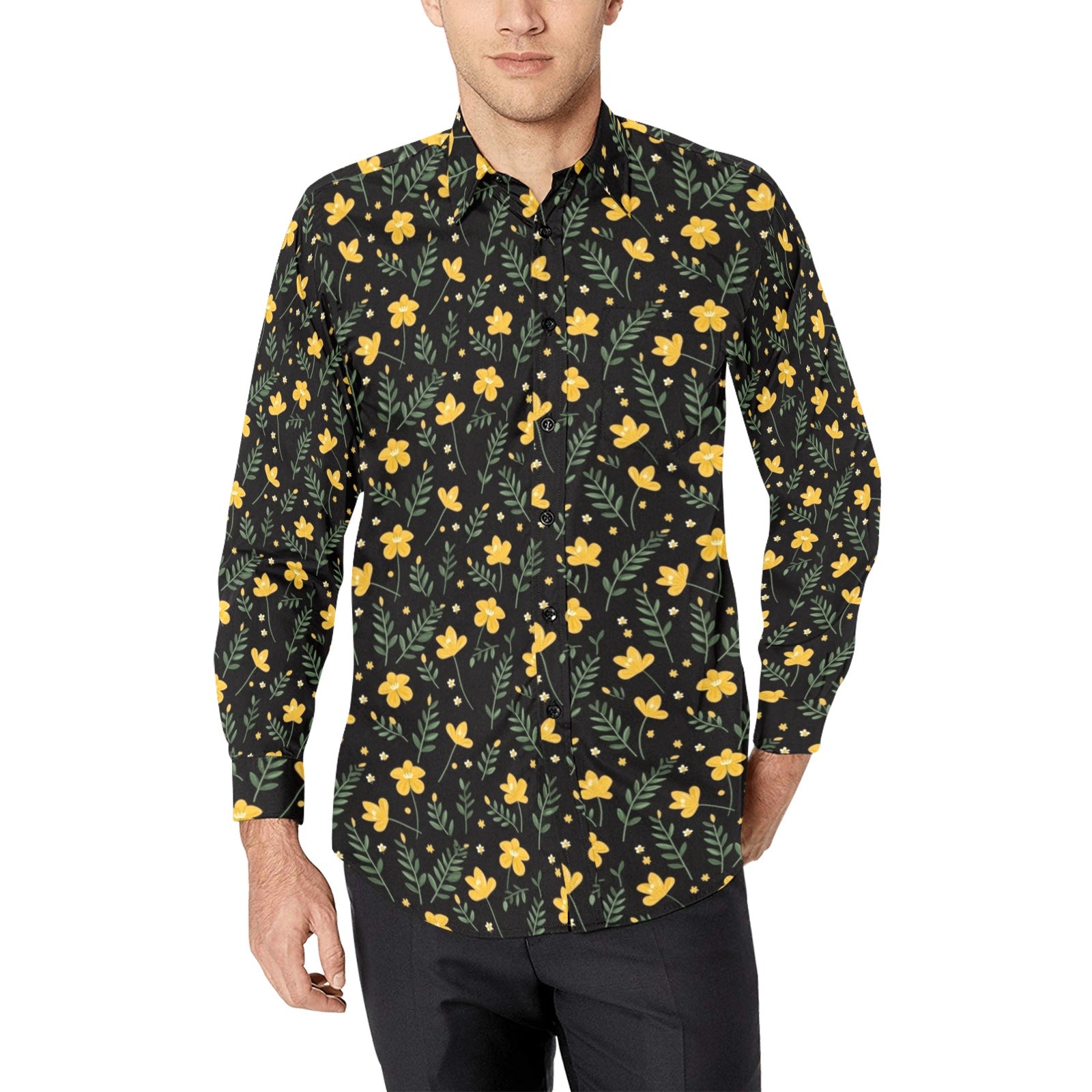 Black Yellow Floral Long Sleeve Men Button Up Shirt, Leaves Flowers Print Casual Buttoned Collared Designer Guys Dress Shirt Chest Pocket M