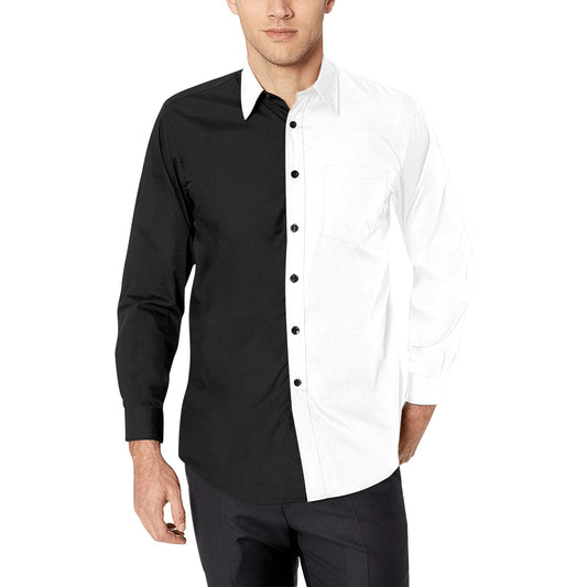 Half Black Half White Long Sleeve Men Button Up Shirt, Color Block Print Dress Buttoned Collar Dress Shirt with Chest Pocket Starcove Fashion