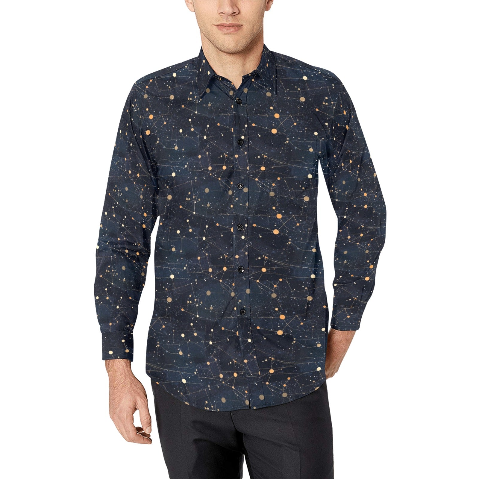 casual long sleeve dress shirts Constellation Space Men Button Up Shirt, Universe Stars Ga – Starcove Fashion sa_colour: forest Effortlessly cool White Dress Outfits: Ideas Size:O/S