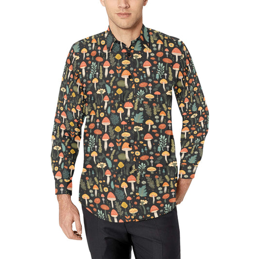 Mushroom Men Button Up Shirt, Long Sleeve Floral Nature Forest Cottagecore Print Casual Buttoned Collared Dress Shirt with Chest Pocket Starcove Fashion