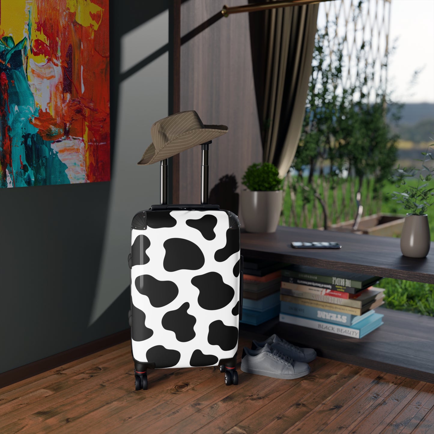 Cow Print Suitcase Luggage, Black White Carry On With 4 Wheels Cabin Travel Small Large Set Rolling Spinner Designer Hard Shell Case Starcove Fashion