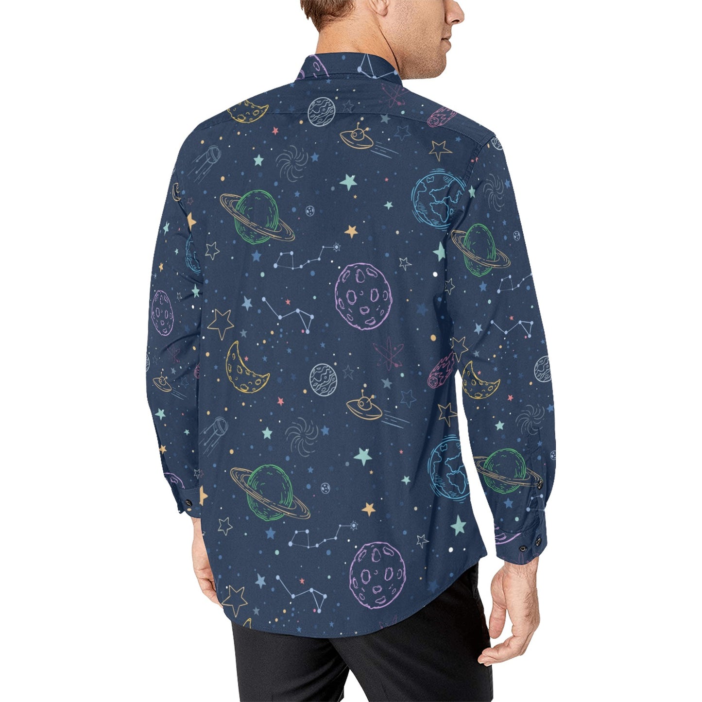 Planets Long Sleeve Men Button Up Shirt, Space Stars Universe Cosmos Print Buttoned Collar Dress Shirt with Chest Pocket